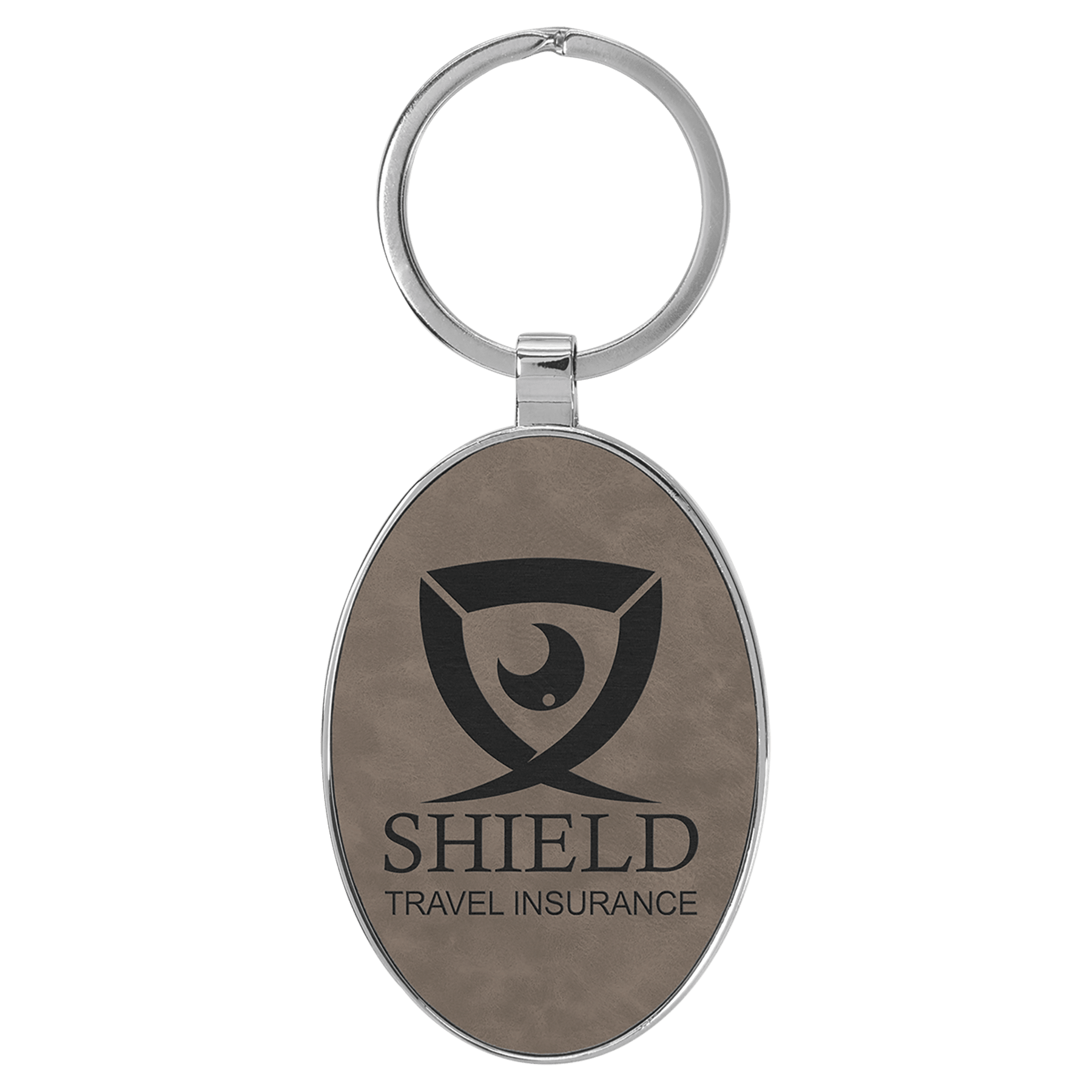 Engravable Leatherette/Metal Gray Oval Keychain - 3" x 1 3/4"