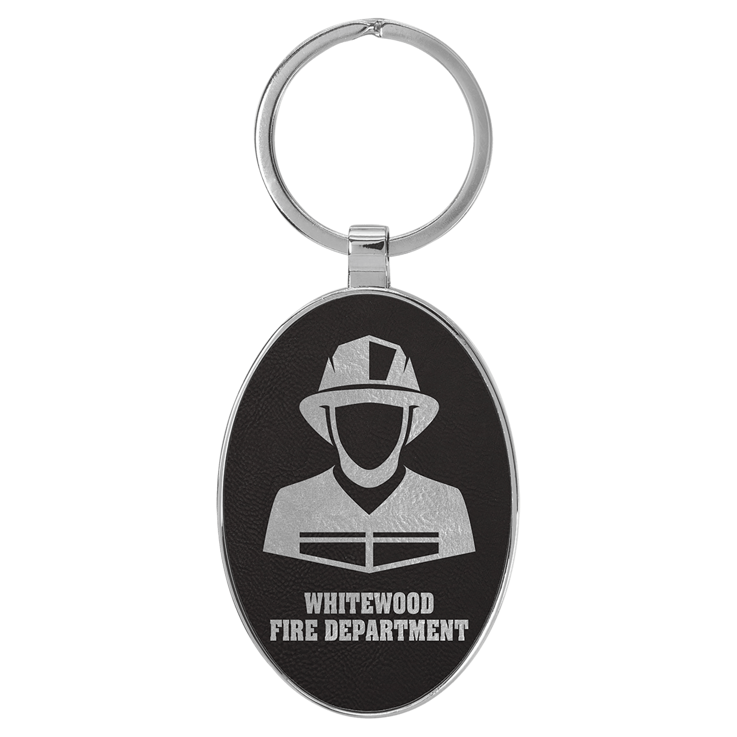 Engravable Leatherette/Metal Black/Silver Oval Keychain - 3" x 1 3/4"