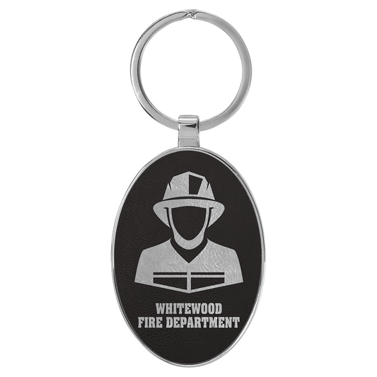 3" x 1 3/4" Laserable Leatherette/Metal Black/Silver Oval Keychain