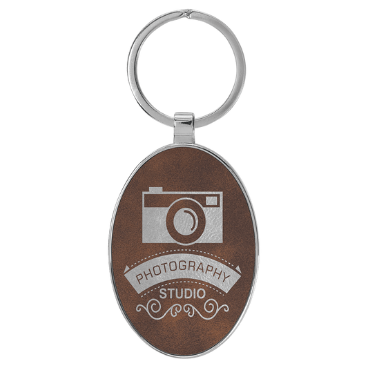 Engravable Leatherette/Metal Rustic/Silver Oval Keychain - 3" x 1 3/4"