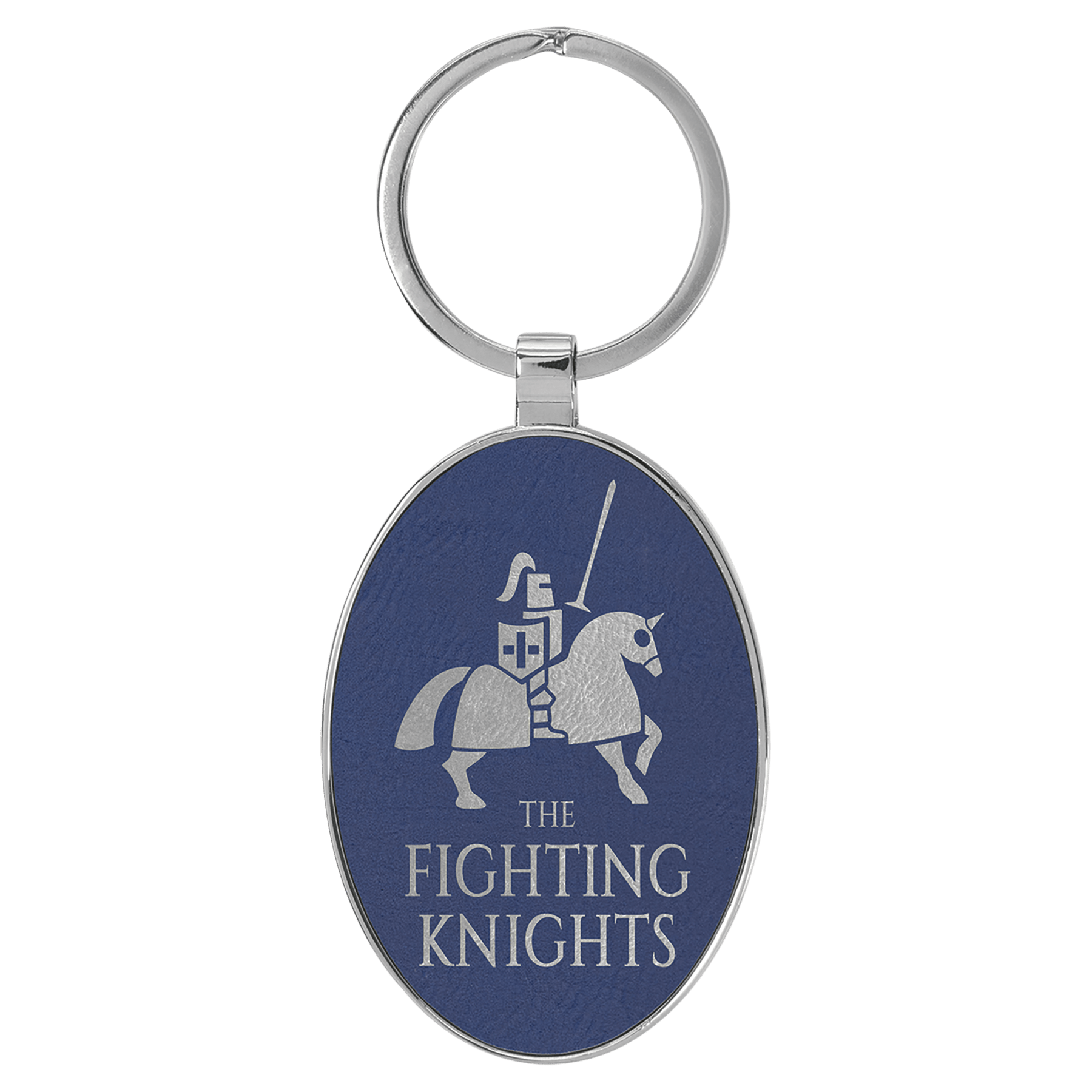 Engravable Leatherette/Metal Blue/Silver Oval Keychain - 3" x 1 3/4"