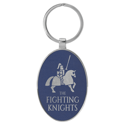 3" x 1 3/4" Laserable Leatherette/Metal Blue/Silver Oval Keychain
