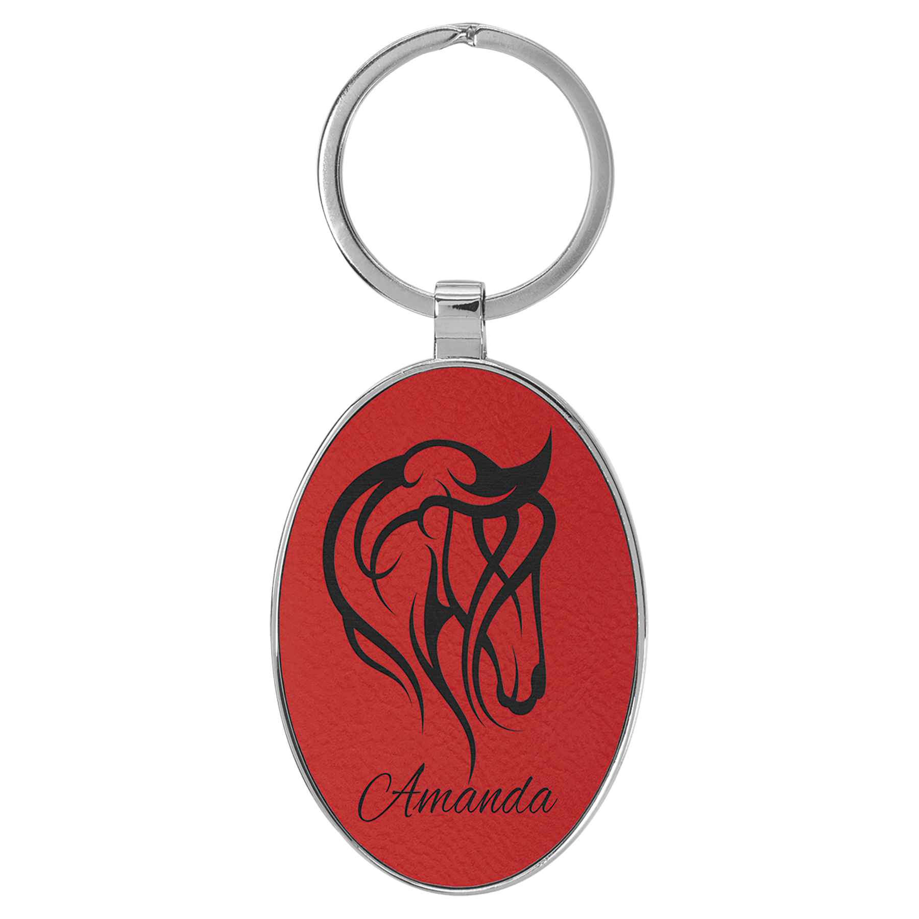 Engravable Leatherette/Metal Red Oval Keychain - 3" x 1 3/4"