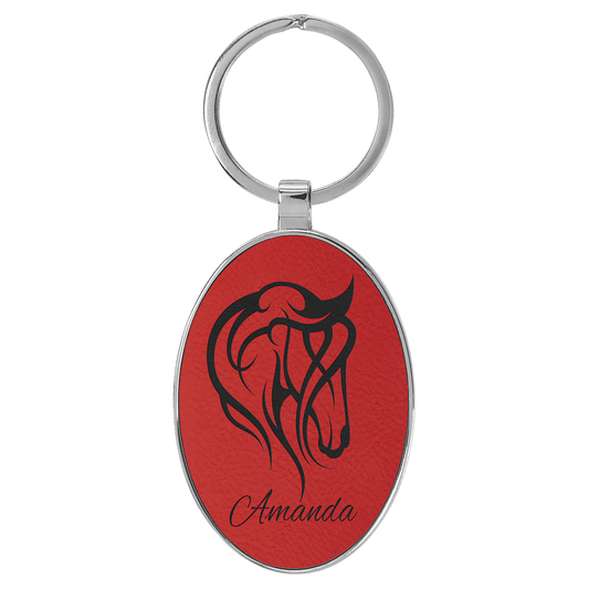 Engravable Leatherette/Metal Red Oval Keychain - 3" x 1 3/4"