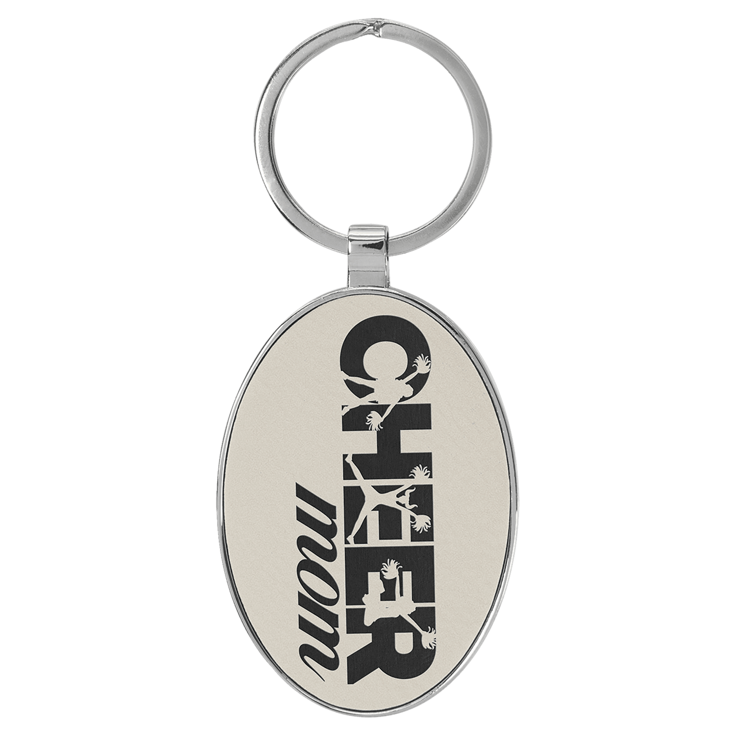 Engravable Leatherette/Metal White/Black Oval Keychain - 3" x 1 3/4"