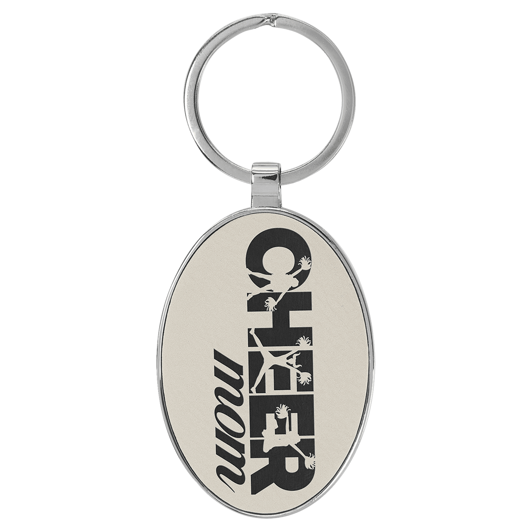 Engravable Leatherette/Metal White/Black Oval Keychain - 3" x 1 3/4"