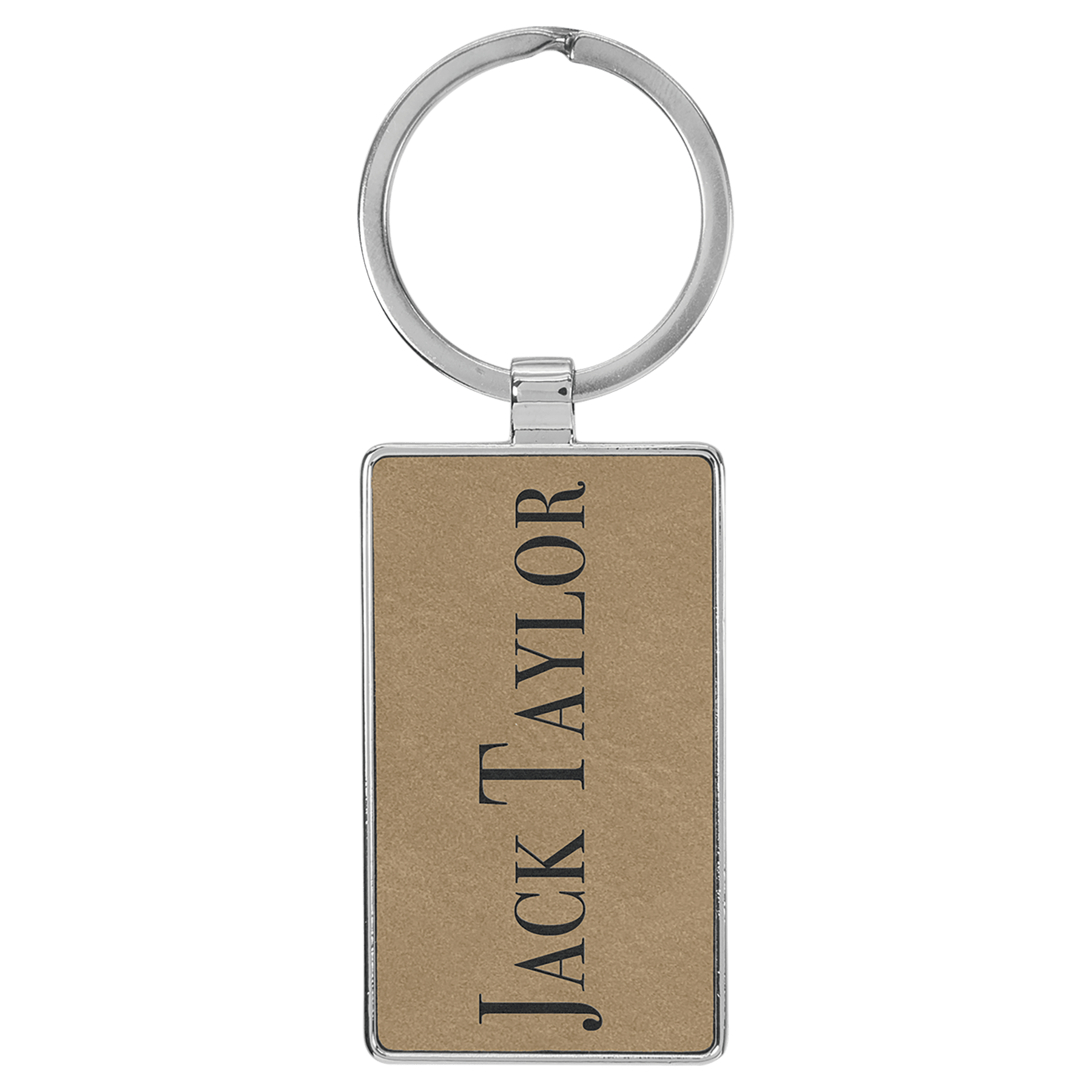 Engravable Leatherette/Metal Light Brown Rectangle Keychain - 2 3/4" x 1 1/4"