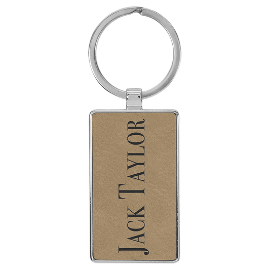 Engravable Leatherette/Metal Light Brown Rectangle Keychain - 2 3/4" x 1 1/4"