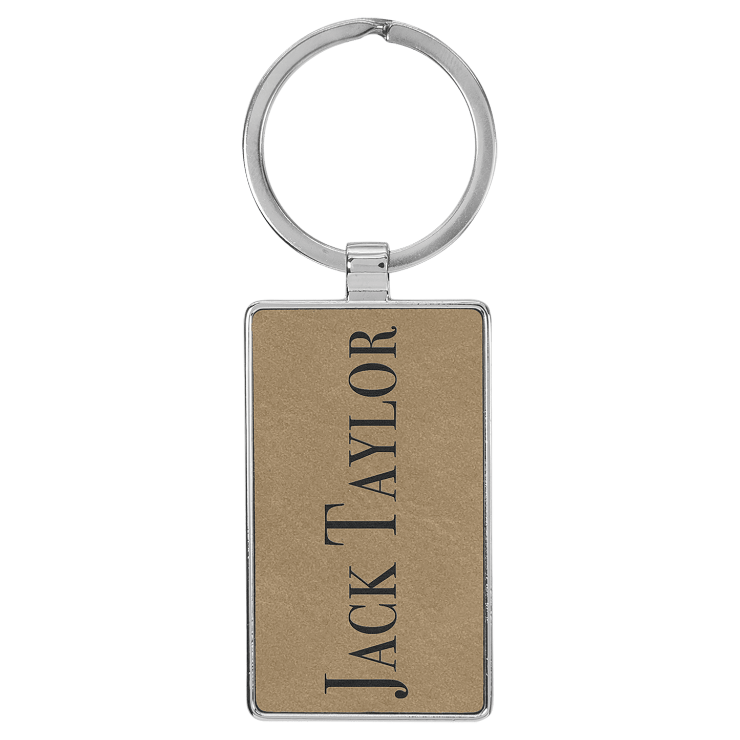 2 3/4" x 1 1/4" Laserable Leatherette/Metal Light Brown Rectangle Keychain