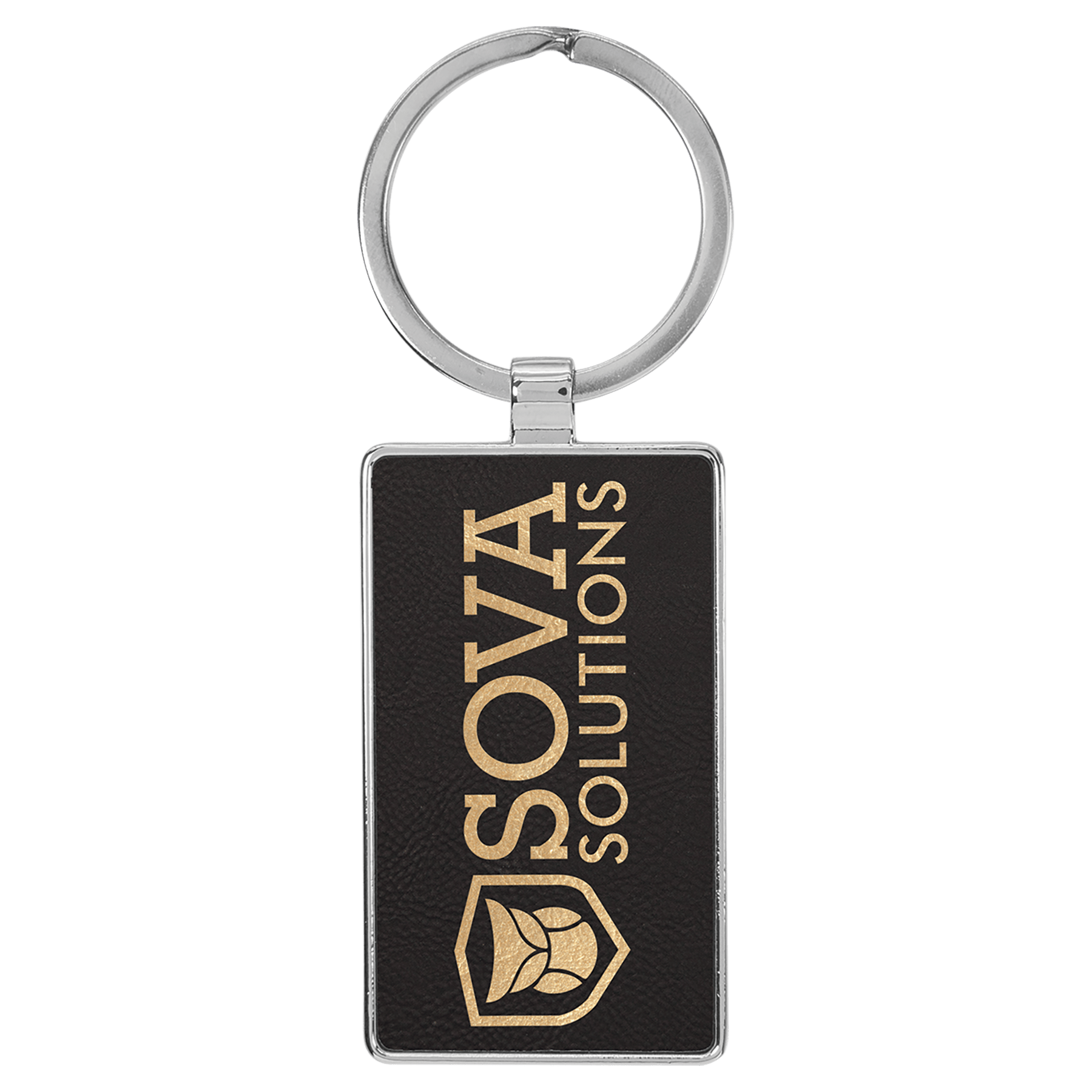 Engravable Leatherette/Metal Black/Gold Rectangle Keychain - 2 3/4" x 1 1/4"