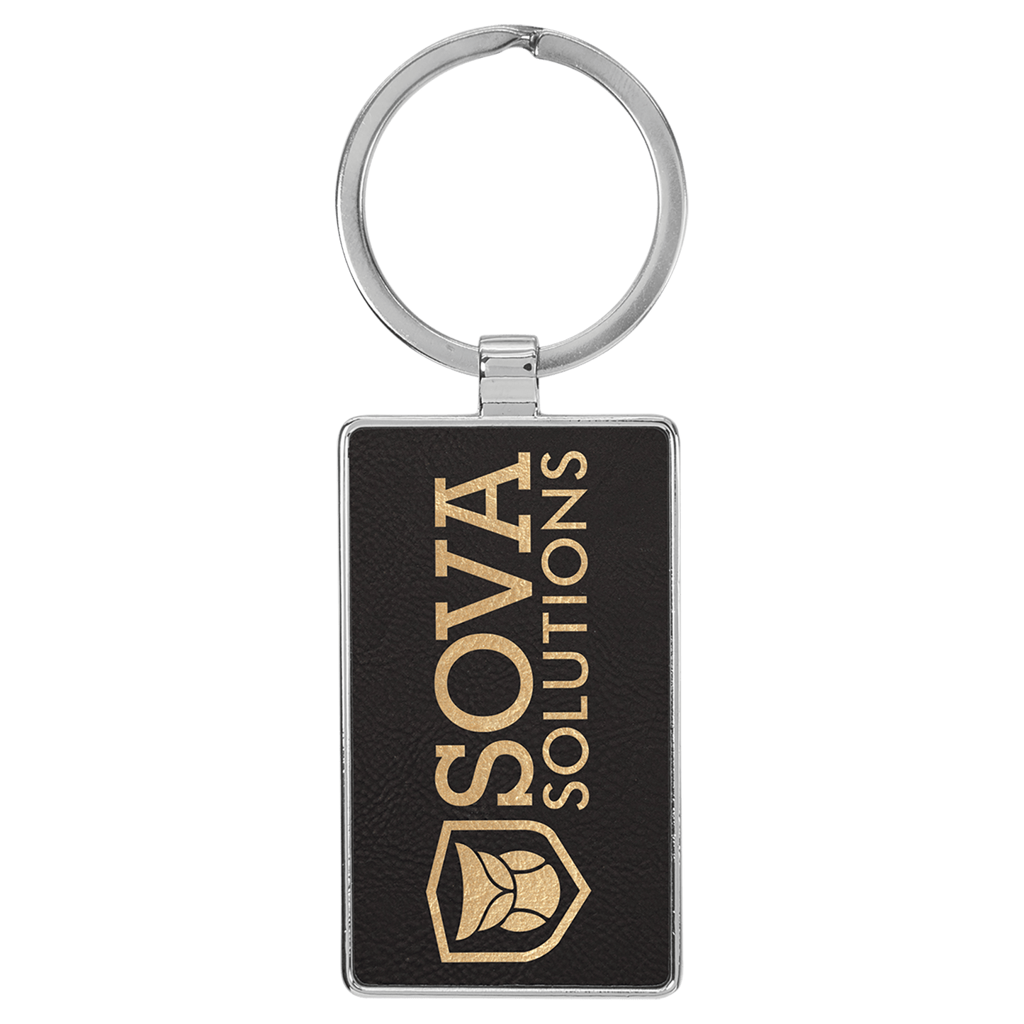 2 3/4" x 1 1/4" Laserable Leatherette/Metal Black/Gold Rectangle Keychain