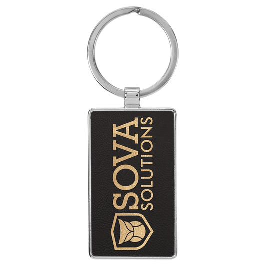 2 3/4" x 1 1/4" Laserable Leatherette/Metal Black/Gold Rectangle Keychain