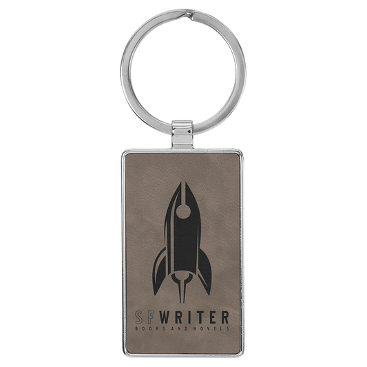 Engravable Leatherette/Metal Gray Rectangle Keychain - 2 3/4" x 1 1/4"