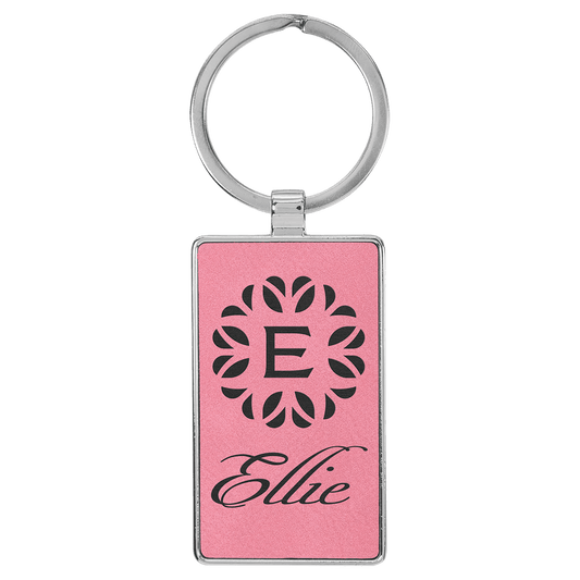 Engravable Leatherette/Metal Pink Rectangle Keychain - 2 3/4" x 1 1/4"