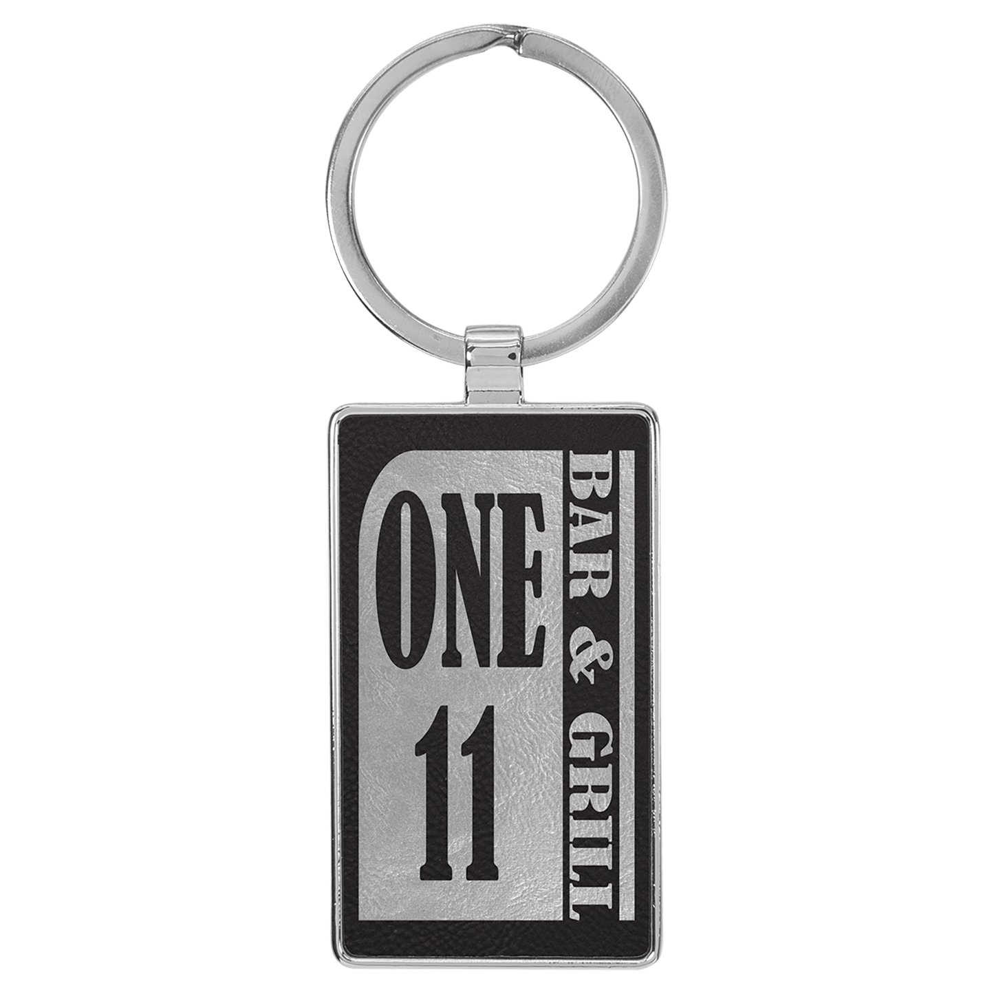Engravable Leatherette/Metal Black/Silver Rectangle Keychain - 2 3/4" x 1 1/4"