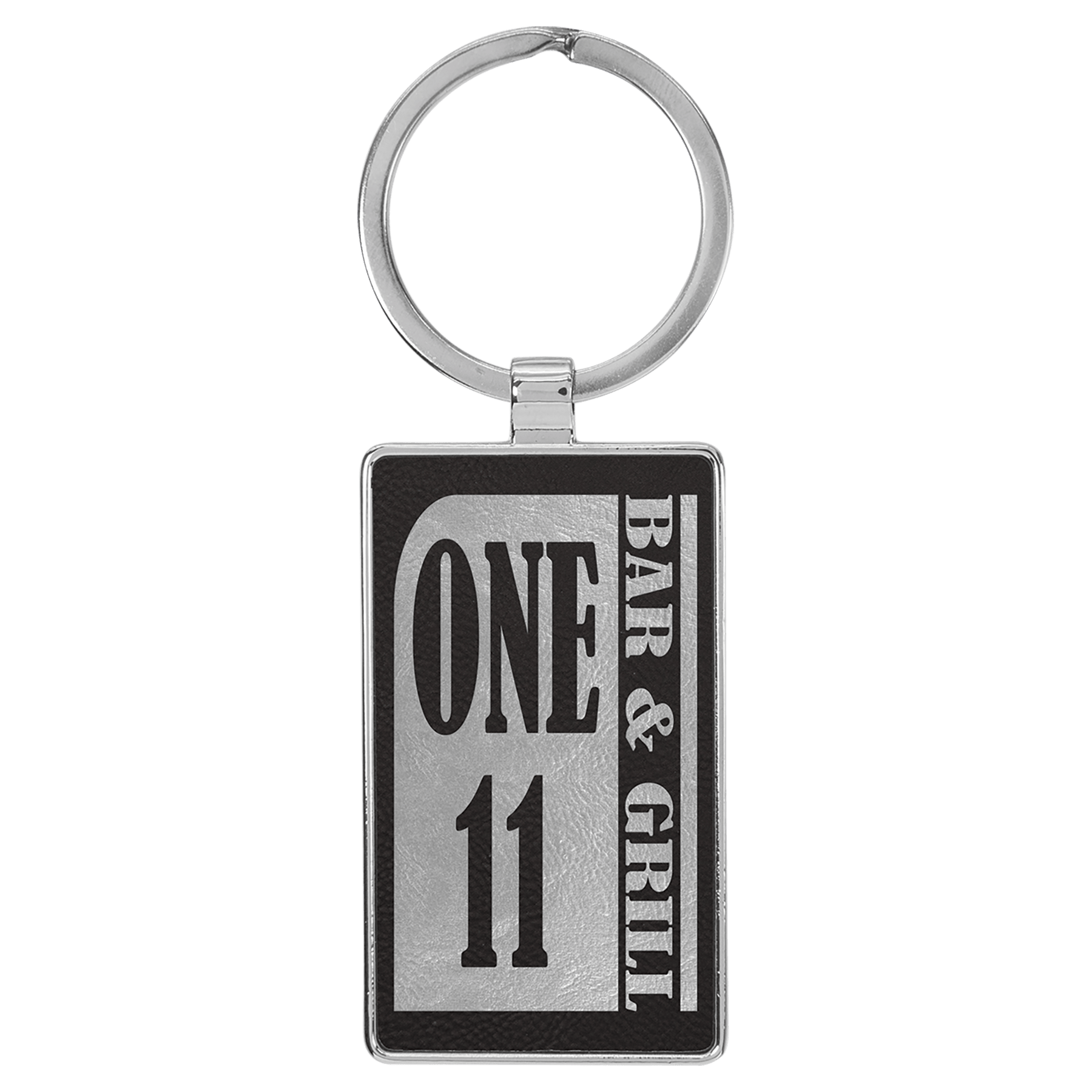 Engravable Leatherette/Metal Black/Silver Rectangle Keychain - 2 3/4" x 1 1/4"