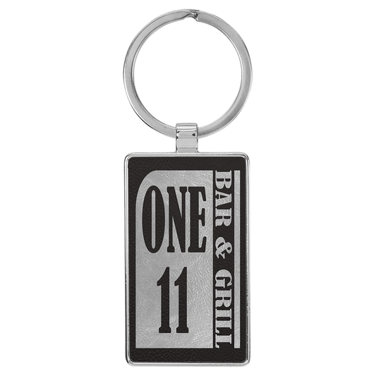 2 3/4" x 1 1/4" Laserable Leatherette/Metal Black/Silver Rectangle Keychain