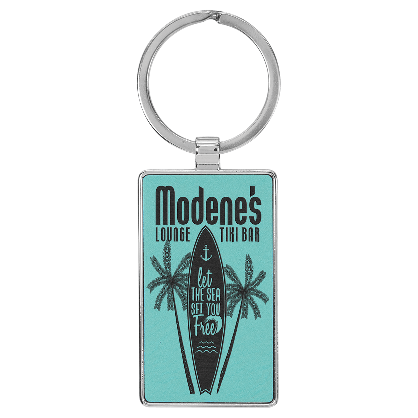 2 3/4" x 1 1/4" Laserable Leatherette/Metal Teal Rectangle Keychain