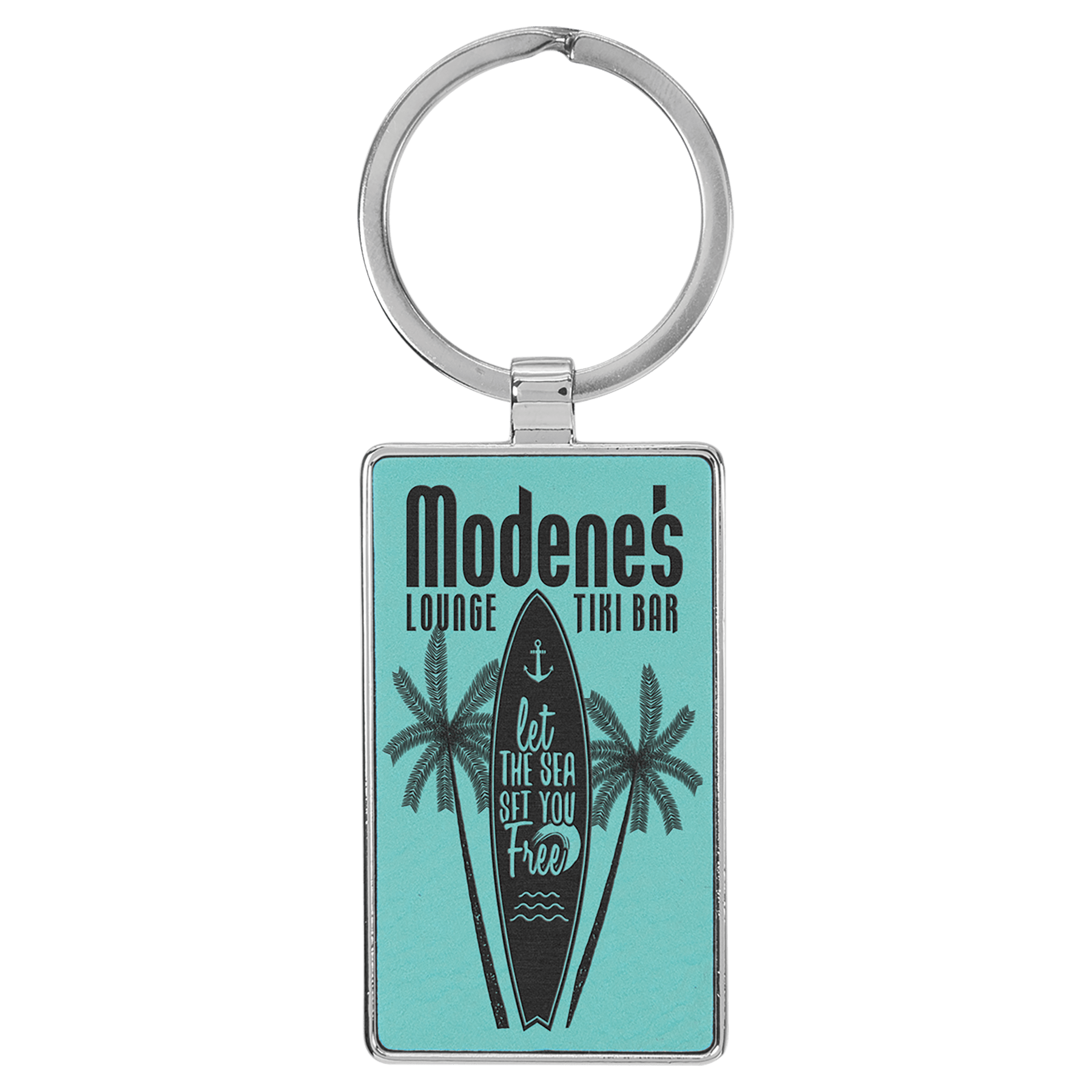 2 3/4" x 1 1/4" Laserable Leatherette/Metal Teal Rectangle Keychain
