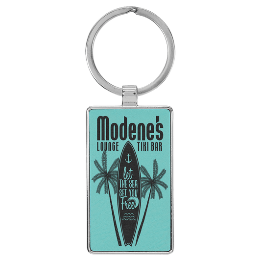 2 3/4" x 1 1/4" Laserable Leatherette/Metal Teal Rectangle Keychain