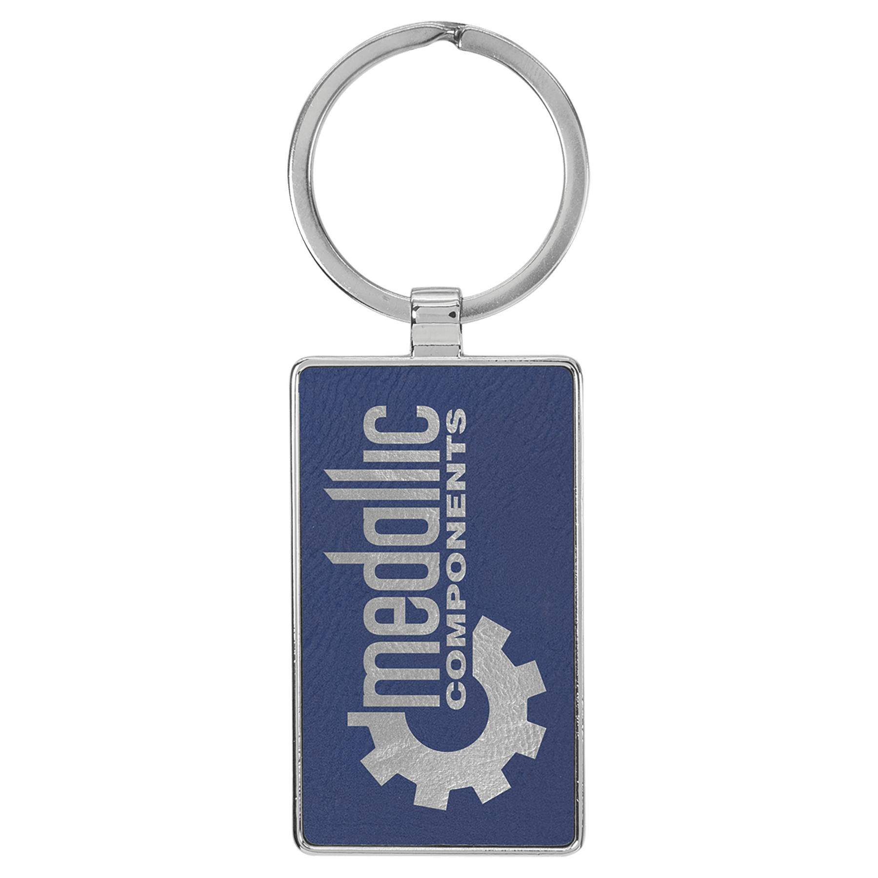 Engravable Leatherette/Metal Blue/Silver Rectangle Keychain - 2 3/4" x 1 1/4"