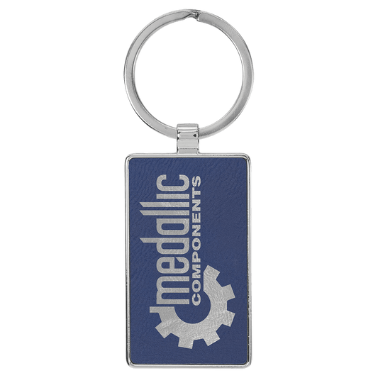 2 3/4" x 1 1/4" Laserable Leatherette/Metal Blue/Silver Rectangle Keychain