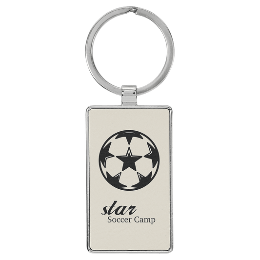 Engravable Leatherette/Metal White Rectangle Keychain - 2 3/4" x 1 1/4"