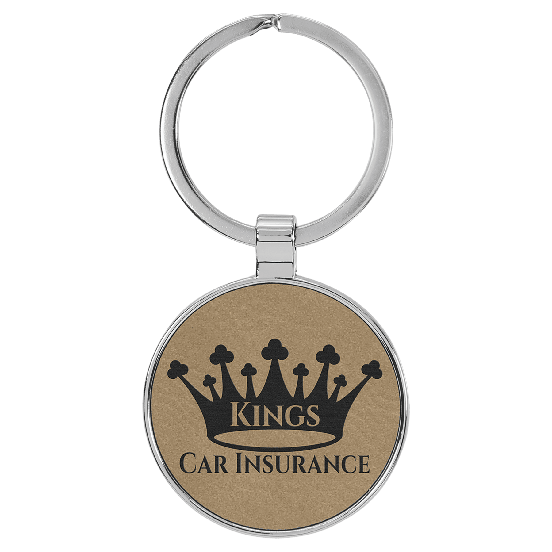 Engravable Leatherette/Metal Light Brown Round Keychain - 1 1/2"