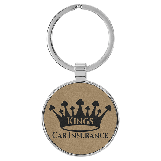 Engravable Leatherette/Metal Light Brown Round Keychain - 1 1/2"