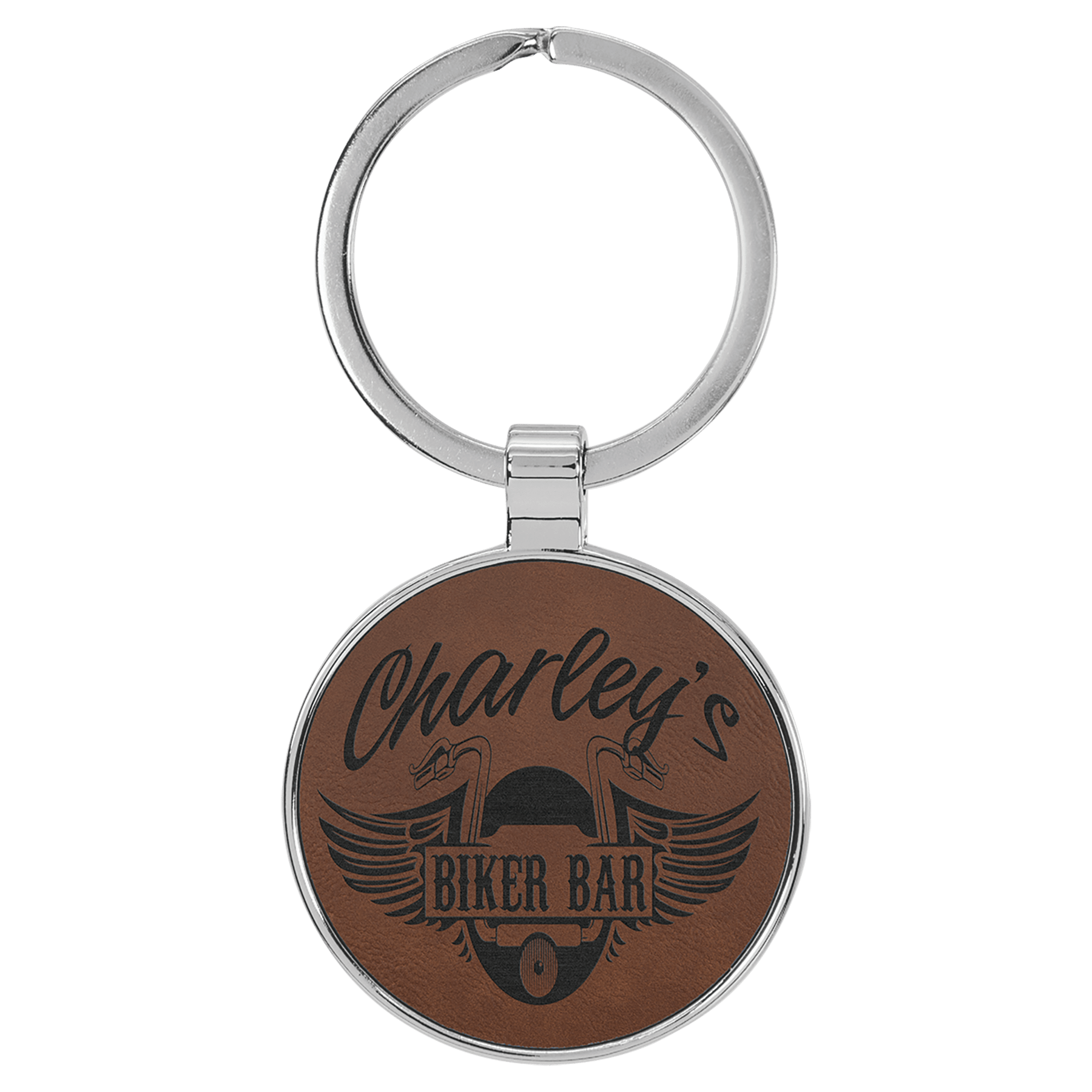 Engravable Leatherette/Metal Dark Brown Round Keychain - 1 1/2"
