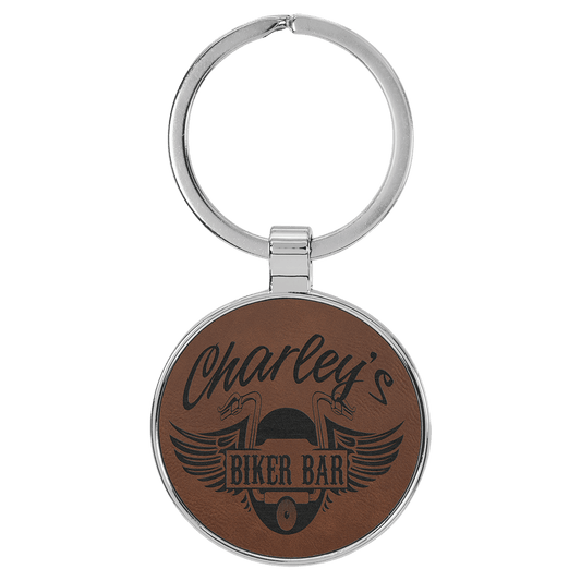 Engravable Leatherette/Metal Dark Brown Round Keychain - 1 1/2"