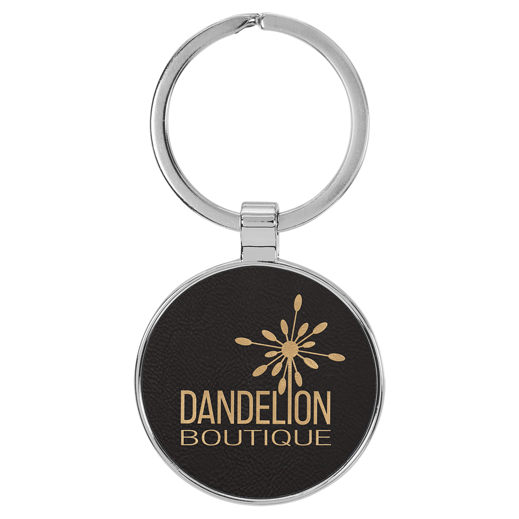 Engravable Leatherette/Metal Black/Gold Round Keychain - 1 1/2"