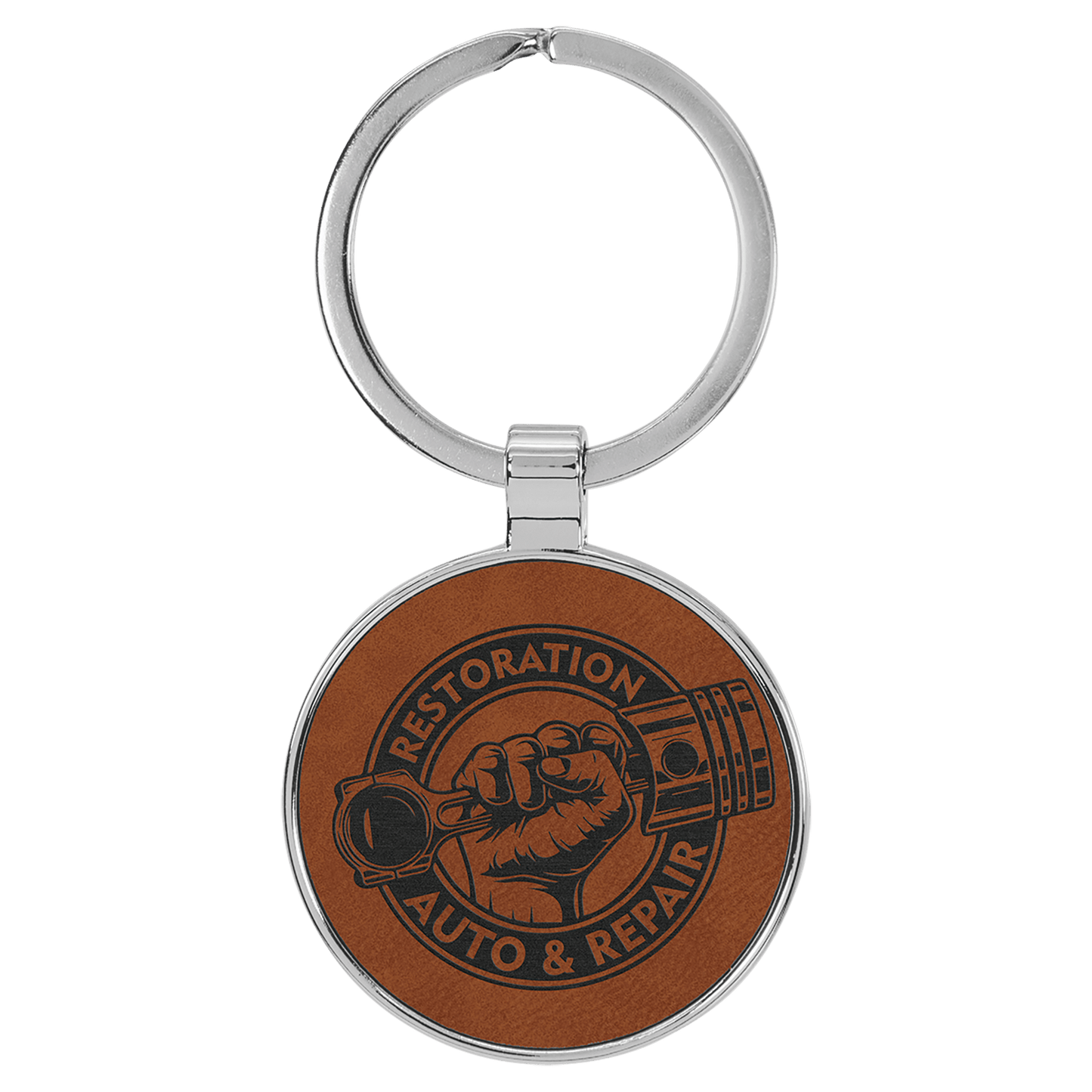 Engravable Leatherette/Metal Rawhide Round Keychain - 1 1/2"