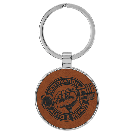 Engravable Leatherette/Metal Rawhide Round Keychain - 1 1/2"
