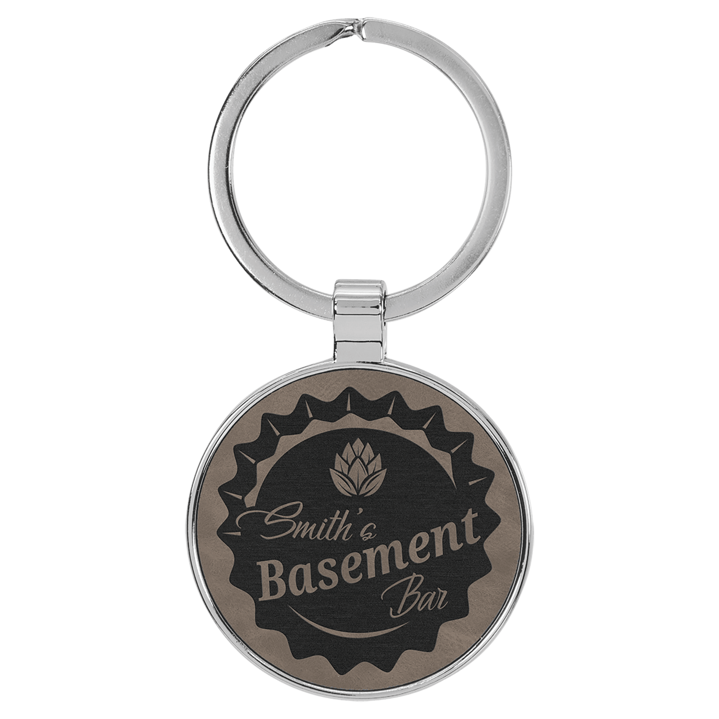Engravable Leatherette/Metal Gray Round Keychain - 1 1/2"