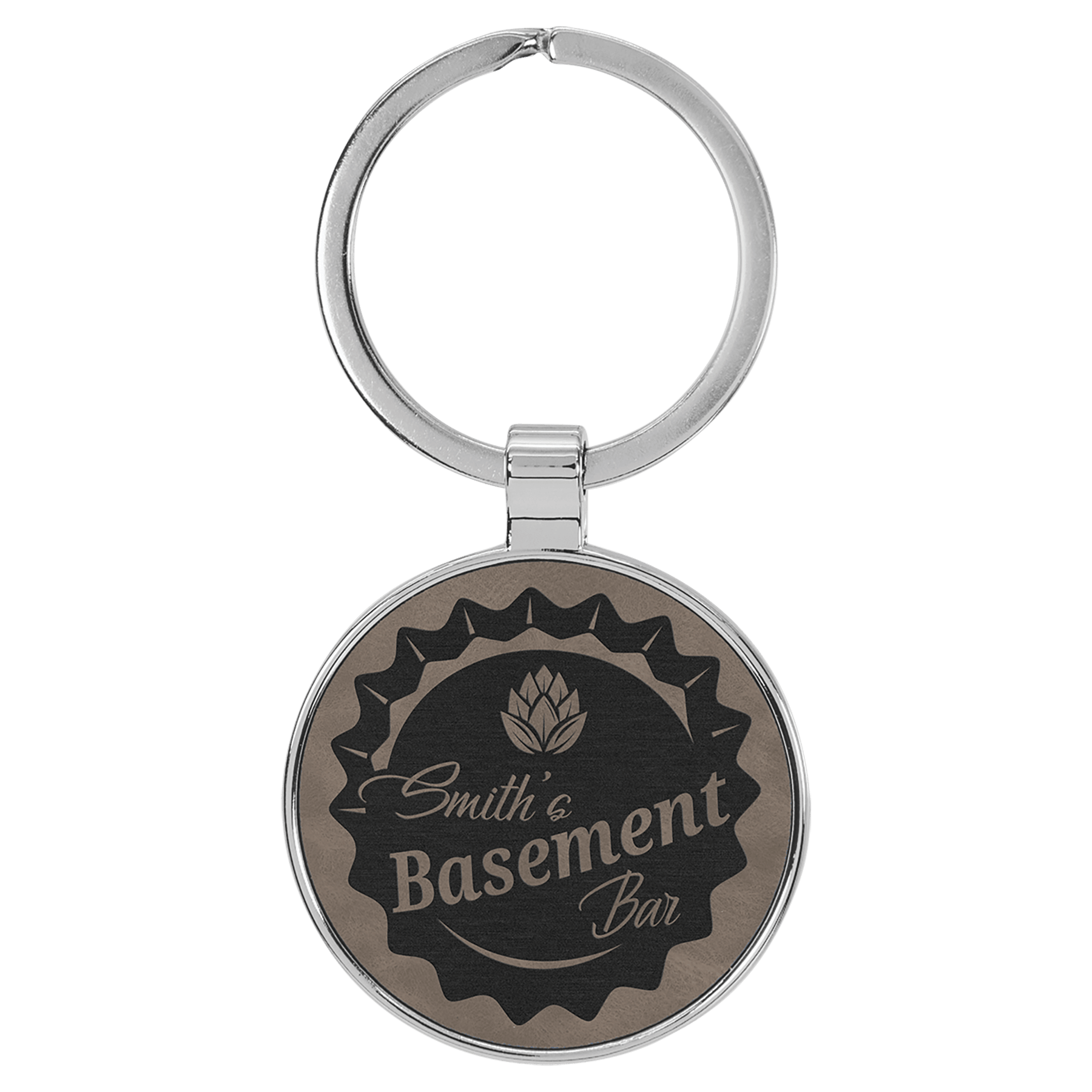 Engravable Leatherette/Metal Gray Round Keychain - 1 1/2"