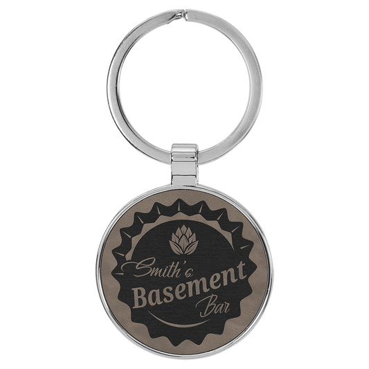 Engravable Leatherette/Metal Gray Round Keychain - 1 1/2"