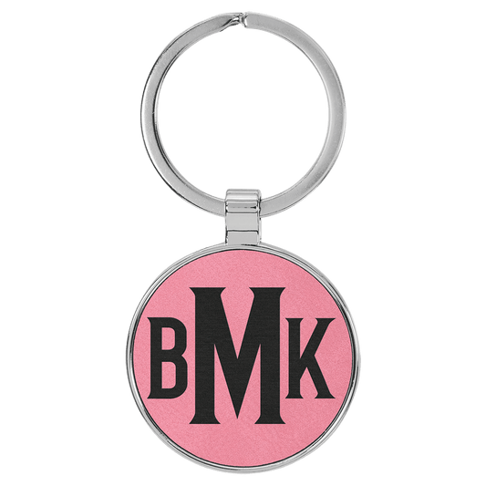 Engravable Leatherette/Metal Pink Round Keychain - 1 1/2"
