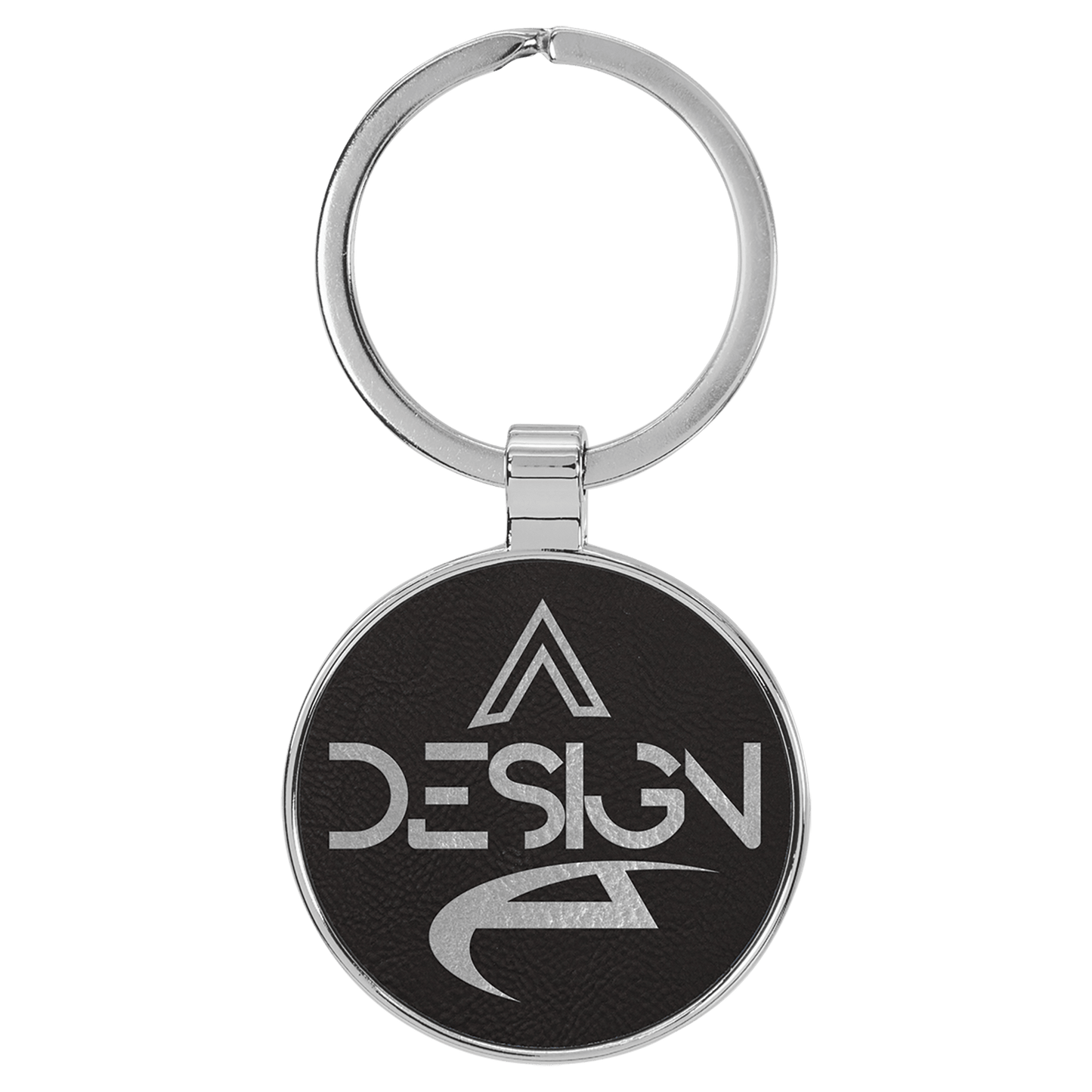 Engravable Leatherette/Metal Black/Silver Round Keychain - 1 1/2"