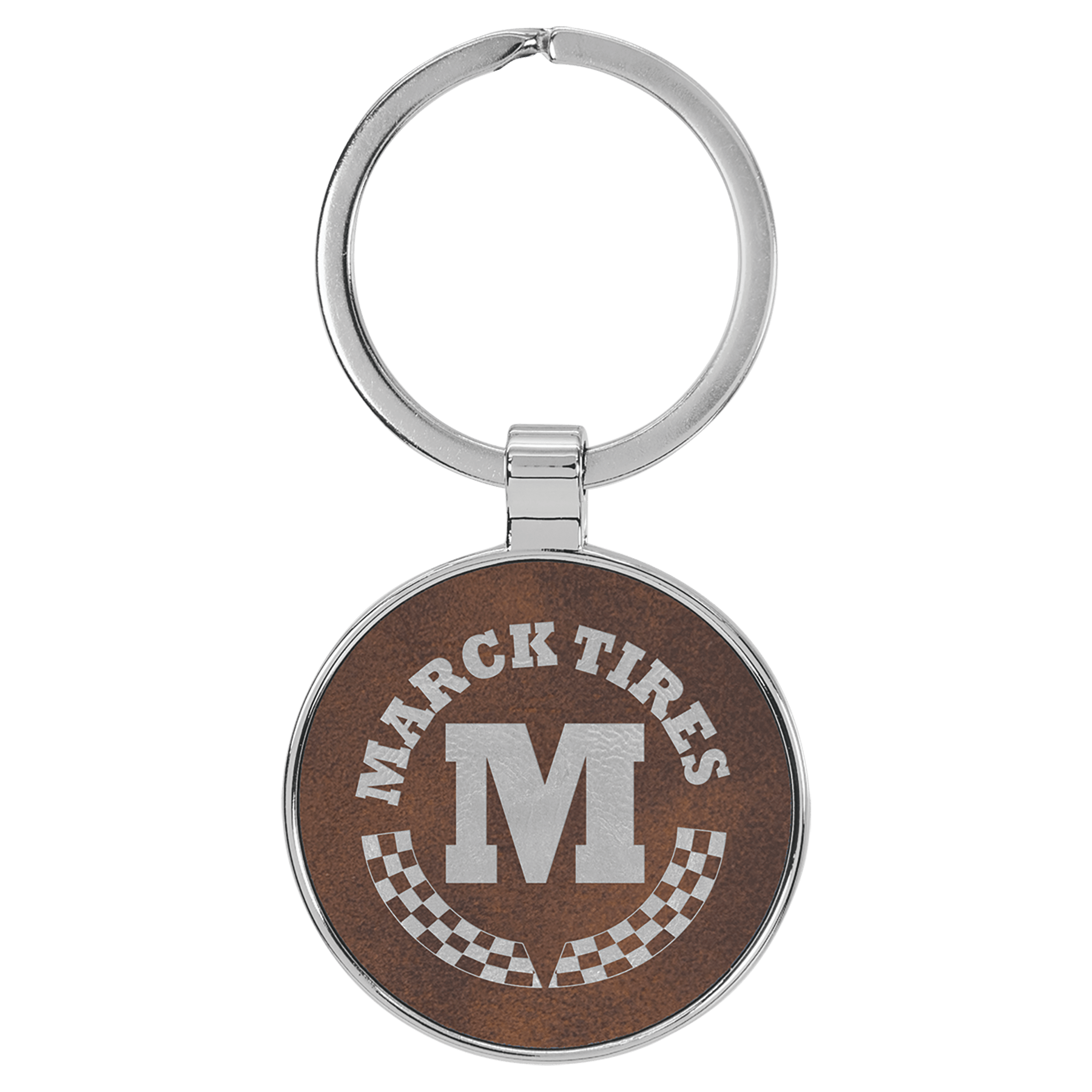 Engravable Leatherette/Metal Rustic/Silver Round Keychain - 1 1/2"