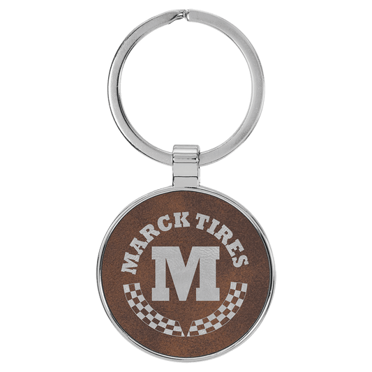 Engravable Leatherette/Metal Rustic/Silver Round Keychain - 1 1/2"
