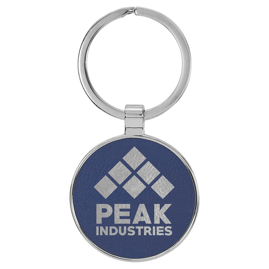 Engravable Leatherette/Metal Blue/Silver Round Keychain - 1 1/2"