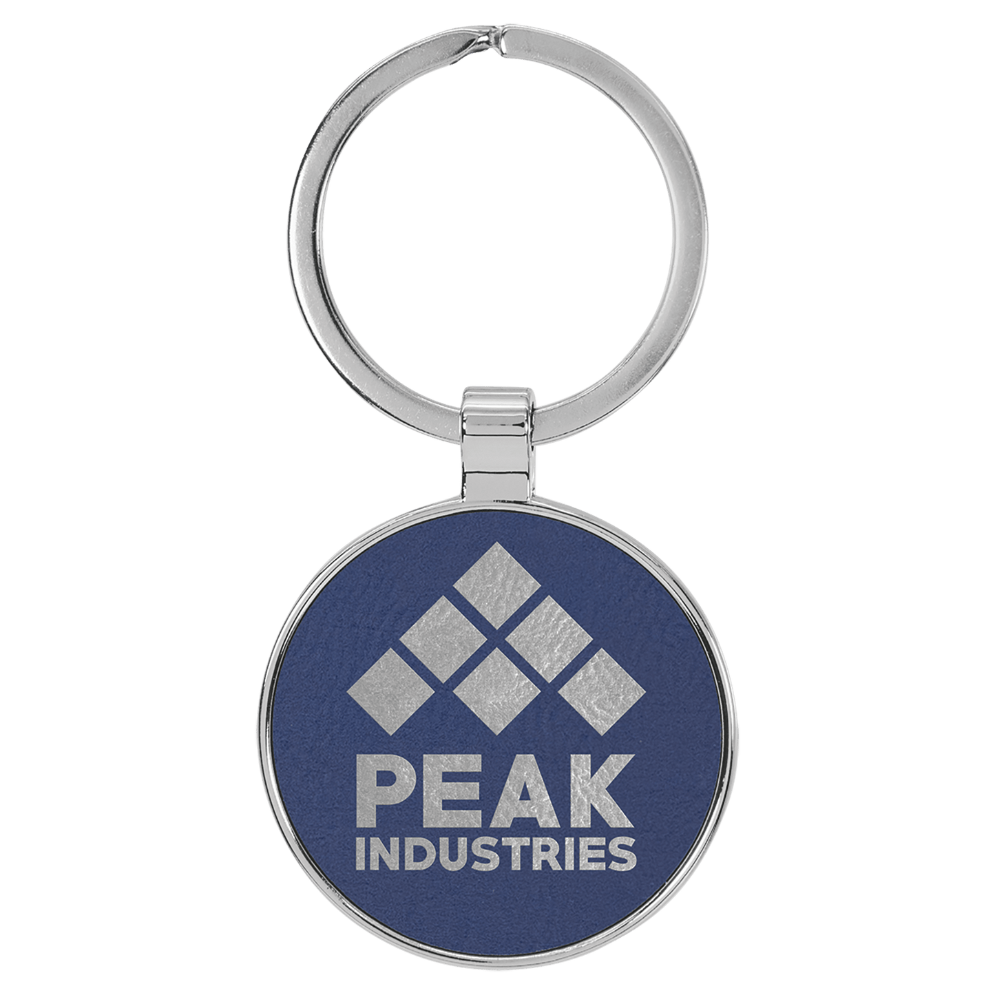 1 1/2" Laserable Leatherette/Metal Blue/Silver Round Keychain