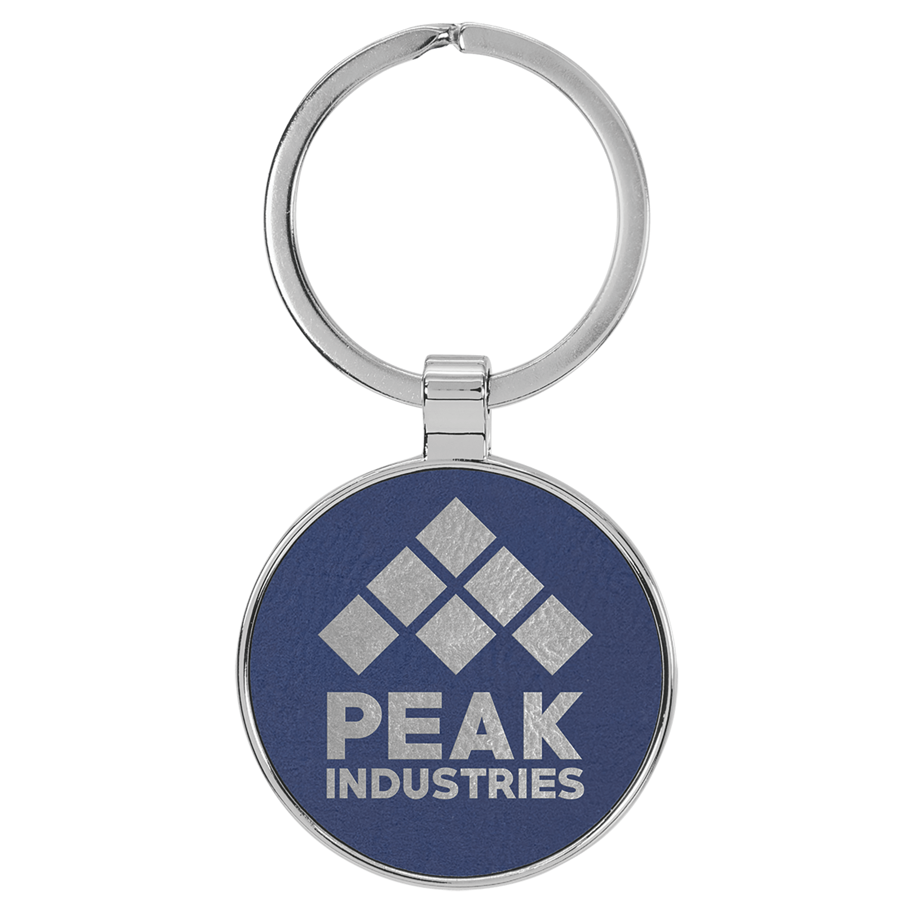 1 1/2" Laserable Leatherette/Metal Blue/Silver Round Keychain