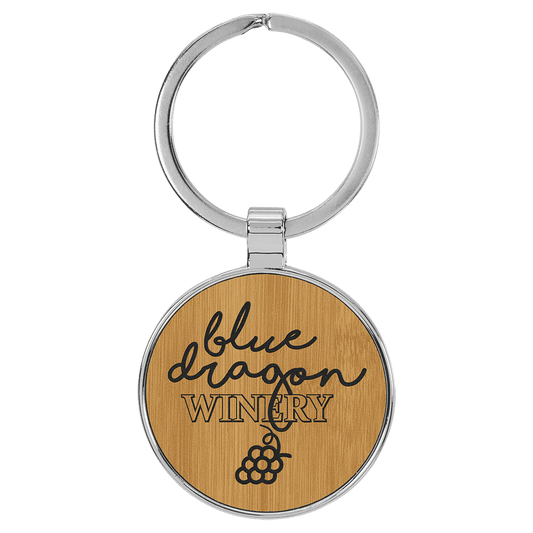 Engravable Leatherette/Metal Bamboo Round Keychain - 1 1/2"
