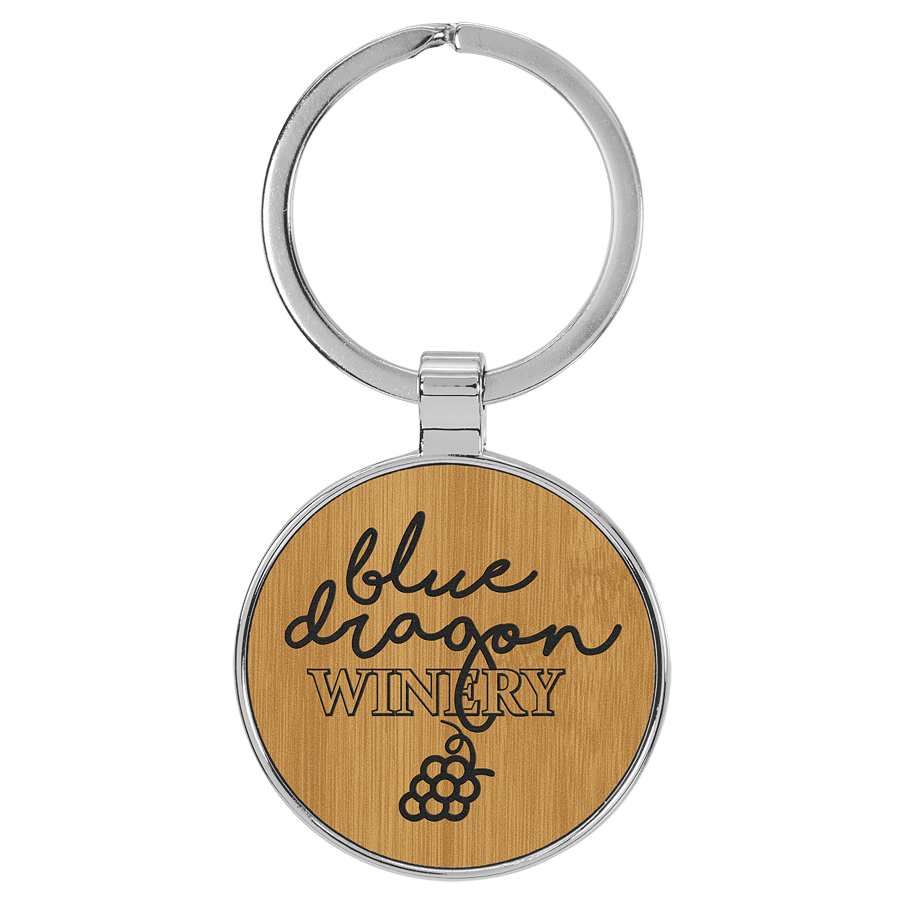 1 1/2" Laserable Leatherette/Metal Bamboo Round Keychain