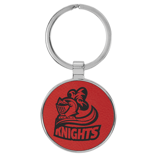 Engravable Leatherette/Metal Red Round Keychain - 1 1/2"