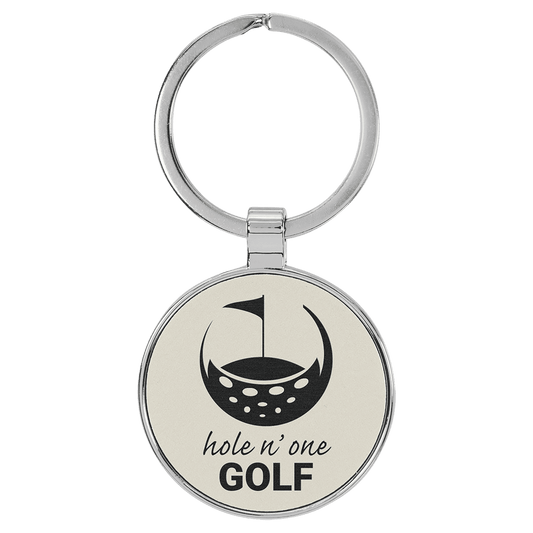 Engravable Leatherette/Metal White Round Keychain - 1 1/2"
