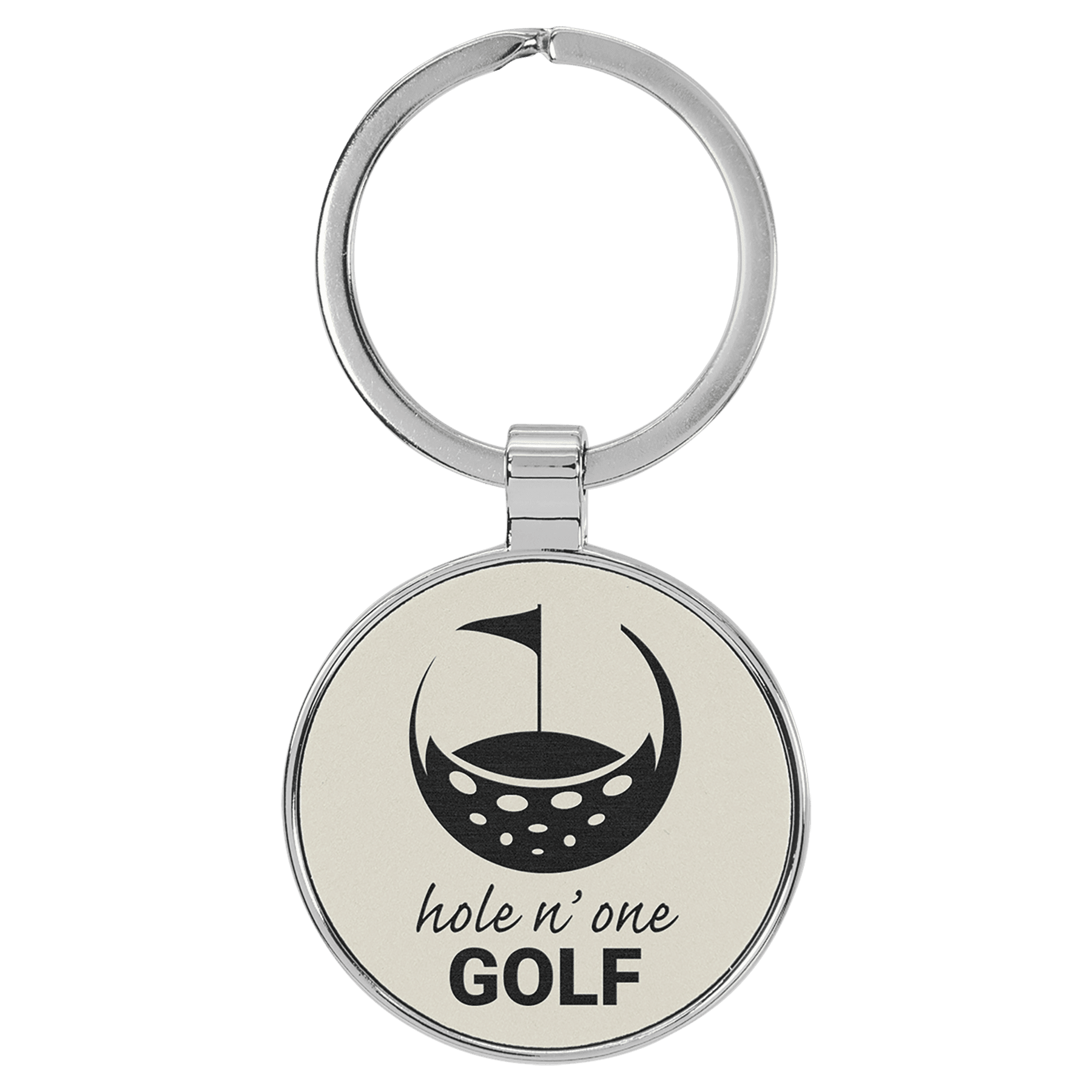 1 1/2" Laserable Leatherette/Metal White Round Keychain