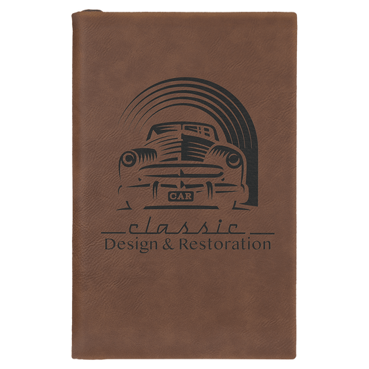 5 1/4" x 8 1/4" Dark Brown Laserable Leatherette Sketch Book with Unlined Notepad